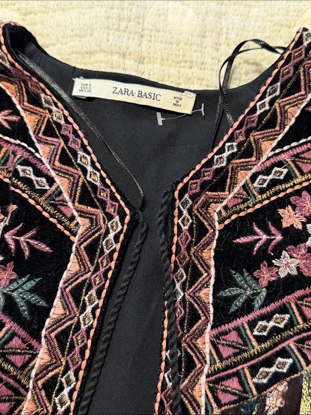 Zara Black Embroidered Velvet Jacket with Pink & Green Accents